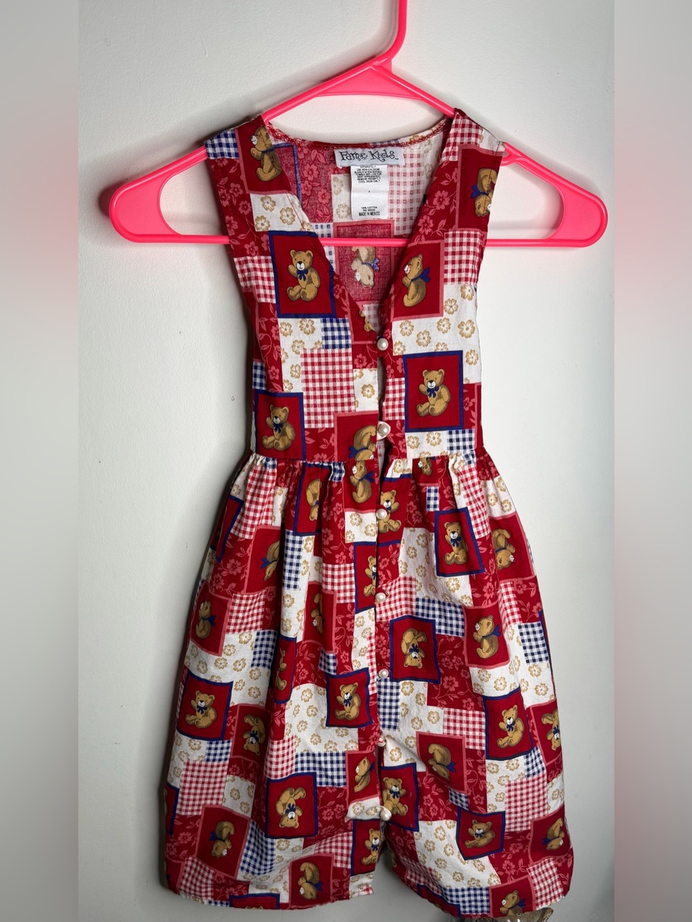Vintage Girls' Red Teddy Patchwork Button-Front Sundress